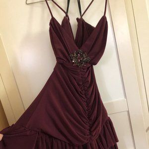 Jessica McClintock Maroon Cocktail Dress - open back, thin straps, ruched, bejew